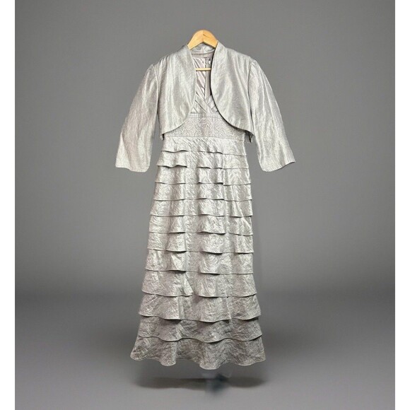 Adrianna Papell Dress 4‎ Silver Hammered Tier Satin Embroidered Beaded Formal - Picture 1 of 16